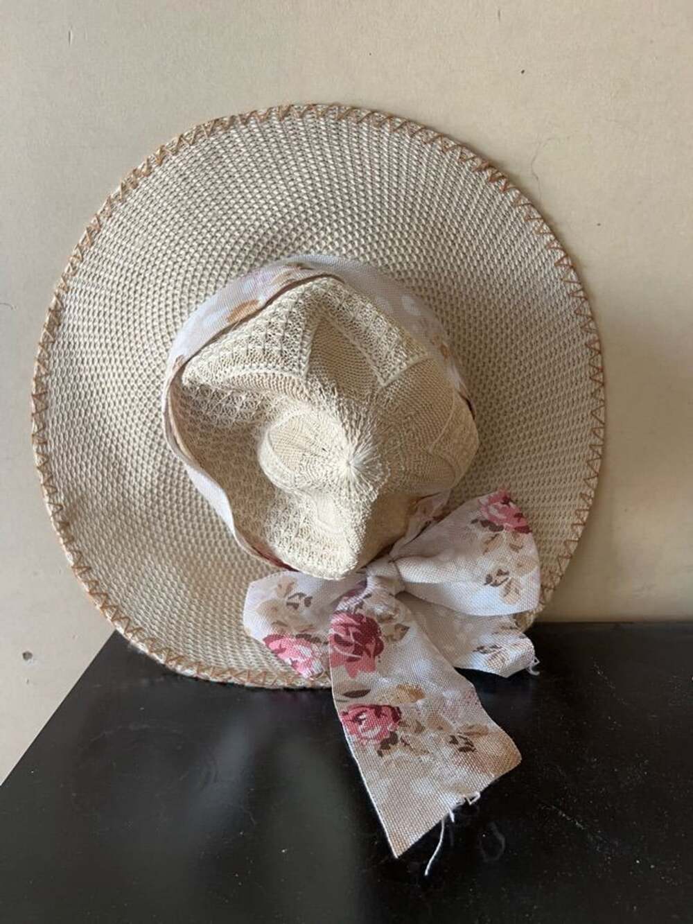Unbranded Vintage Floral Bow Wide Brim Straw Sun Hat